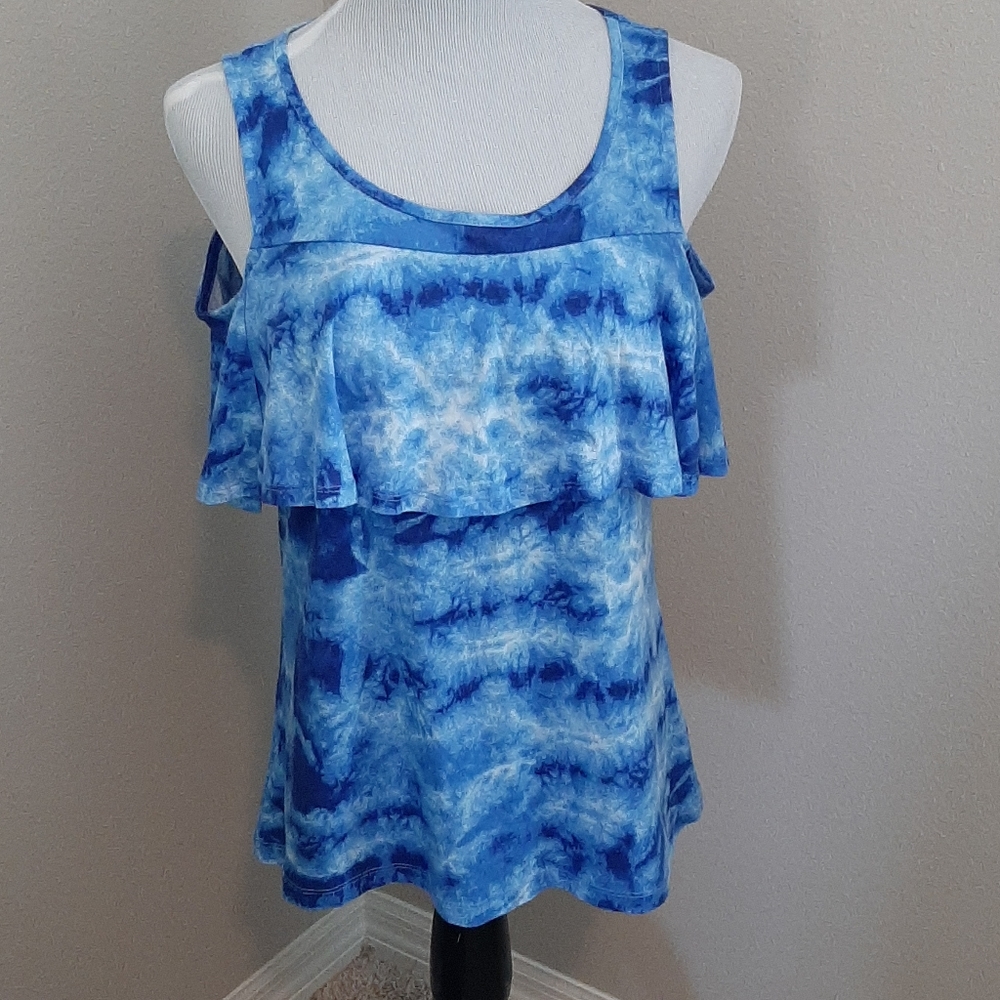 Caribbean Joe blue tie-dye tank with ruffle M